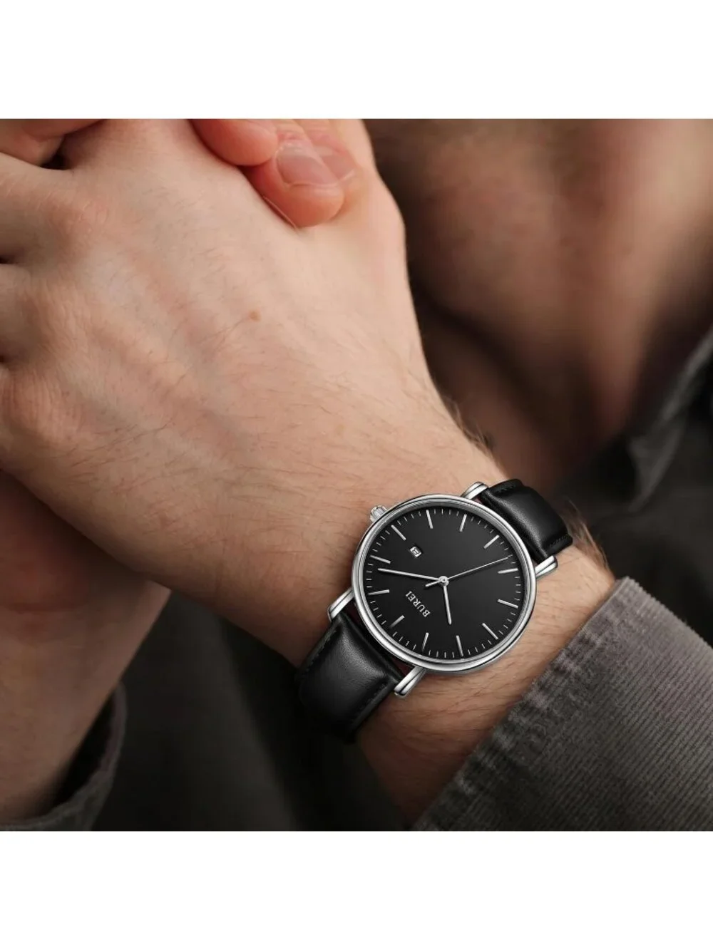 Men's Silver Black Ultra Thin Minimalist Analog Waterproof Casual Wrist Watch